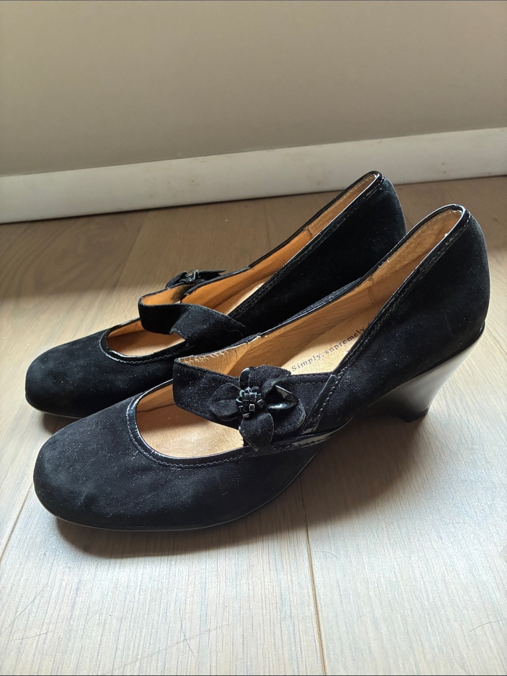Softspots Black Suede Low Wedge Pumps with Bow Accent